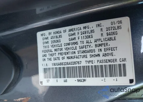 2006 Acura Tl from USA, damaged, VIN 19UUA66226A028767